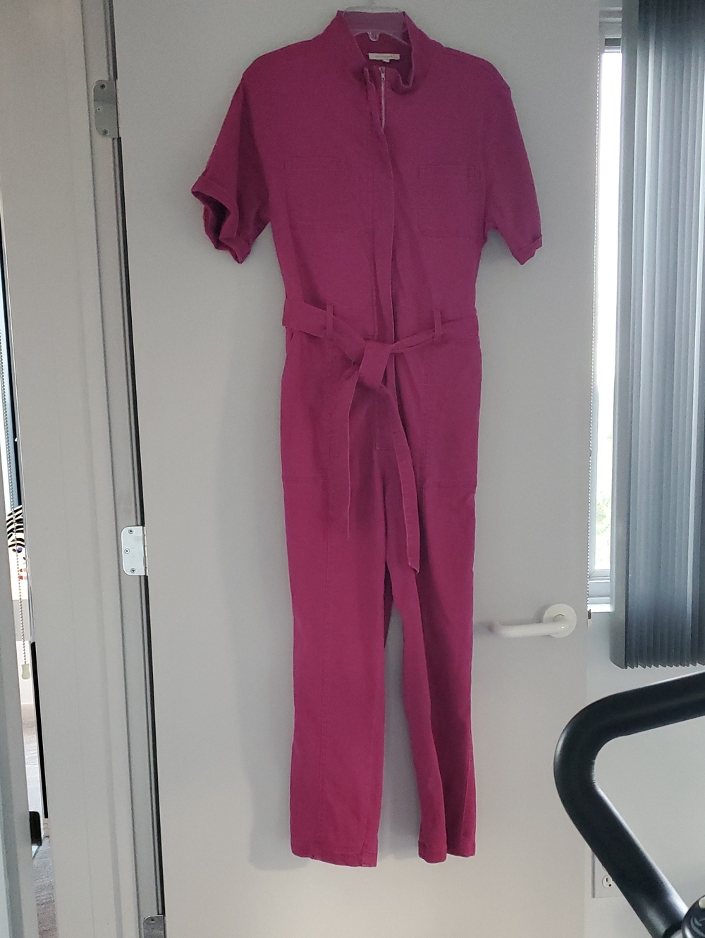 Skies Are Blue Magenta Short-Sleeve Belted Jumpsuit